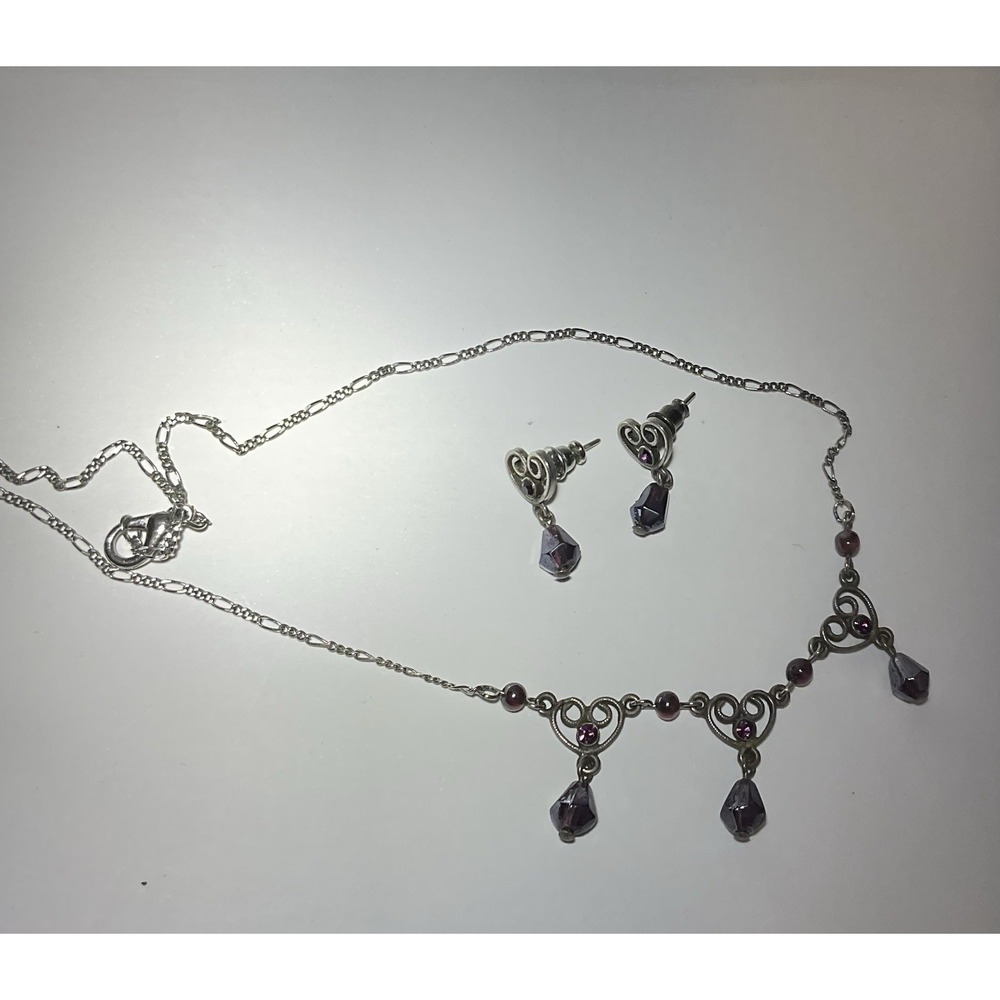 Vintage Silver Garnet Necklace Earrings Set Purple Filigree Heart Drop Dangle
